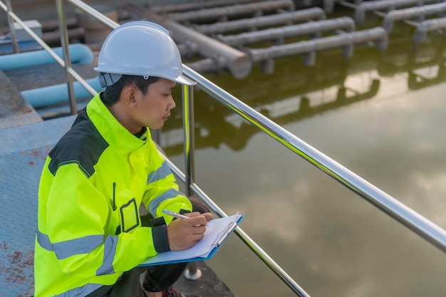 Umweltingenieure arbeiten in Abwasserreinigungsanlagen Wasserversorgungstechniker arbeiten in einer Wasserrecyclinganlage zur Wiederverwendung