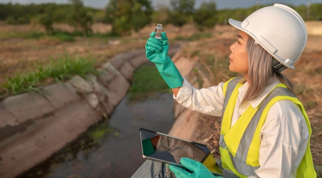 Umweltingenieure arbeiten in Kläranlagen. Wasserversorgungstechnik arbeitet in einer Wasserrecyclinganlage zur Wiederverwendung. Techniker und Ingenieure besprechen die Zusammenarbeit