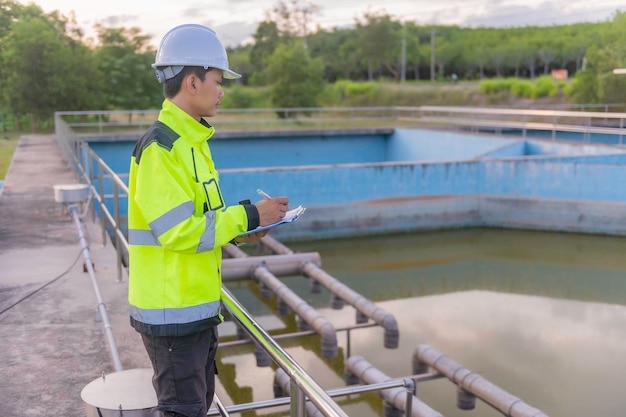 Umweltingenieure arbeiten in Kläranlagen. Wasserversorgungstechnik arbeitet in einer Wasserrecyclinganlage zur Wiederverwendung