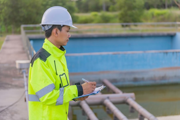 Umweltingenieure arbeiten in Kläranlagen. Wasserversorgungstechnik arbeitet in einer Wasserrecyclinganlage zur Wiederverwendung