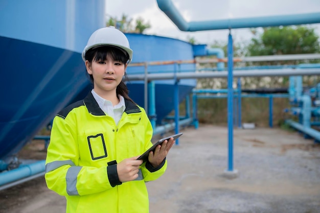 Umweltingenieure arbeiten in Kläranlagen. Wasserversorgungstechniker arbeiten in Wasserrecyclinganlagen zur Wiederverwendung. Überprüfen Sie, ob die Chlormenge im Wasser den Kriterien entspricht