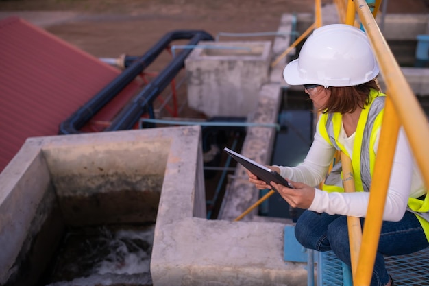 Umweltingenieure arbeiten in Kläranlagen. Wasserversorgungstechniker arbeiten in Wasserrecyclinganlagen zur Wiederverwendung. Überprüfen Sie, ob die Chlormenge im Wasser den Kriterien entspricht