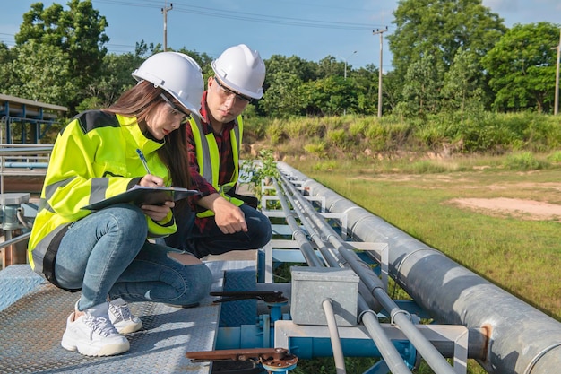 Umweltingenieure arbeiten in KläranlagenWasserversorgungstechnik arbeiten in einer Wasserrecyclinganlage zur WiederverwendungTechniker und Ingenieure besprechen die Zusammenarbeit