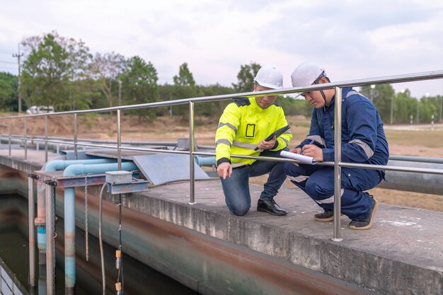 Umweltingenieure arbeiten in KläranlagenWasserversorgungstechnik arbeiten in einer Wasserrecyclinganlage zur WiederverwendungTechniker und Ingenieure besprechen die Zusammenarbeit
