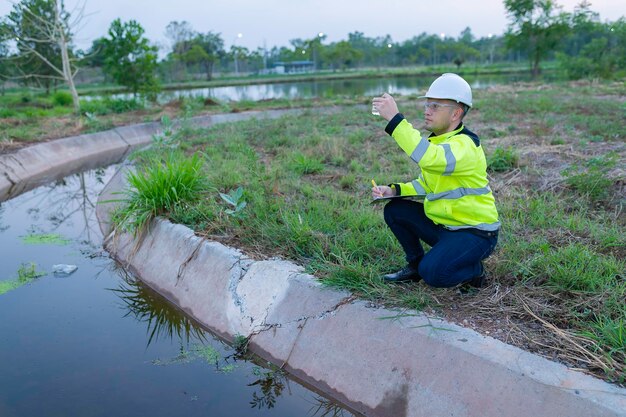 Umweltingenieure überprüfen die Wasserqualität, bringen Wasser zum Labor zur Prüfung, überprüfen den Mineralgehalt in Wasser und Boden, überprüfen Verunreinigungen in Wasserquellen