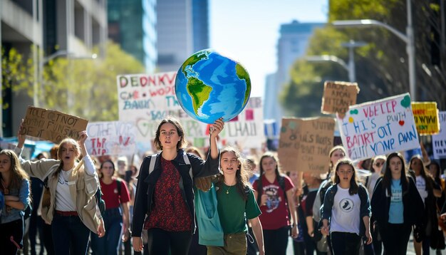 Foto umweltprotest mit fokus auf aktivisten und transparente, die zu maßnahmen gegen den klimawandel aufrufen