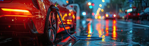 Foto umweltschonendes auto-laden an einer station mit farbenfrohen ladekabeln städtische umgebung