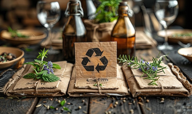 Foto umweltschonendes einweggeschirr auf craftpapier mit einem recycling-schild in der mitte