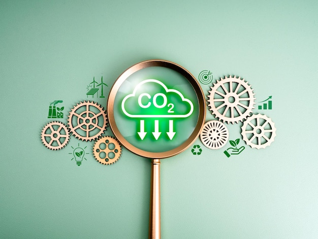 Umweltschutz Nachhaltigkeit CO2-Reduktionsmanagementkonzept Co2-Emissionsreduktionssymbol in einer Lupe mit Symbolen und Getrieben der Strategie für erneuerbare Energien auf grünem Hintergrund
