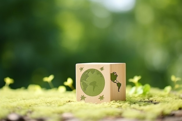 Foto umweltsymbol auf einem holzblock im grünen naturhintergrund rettet die erde, den sauberen planeten