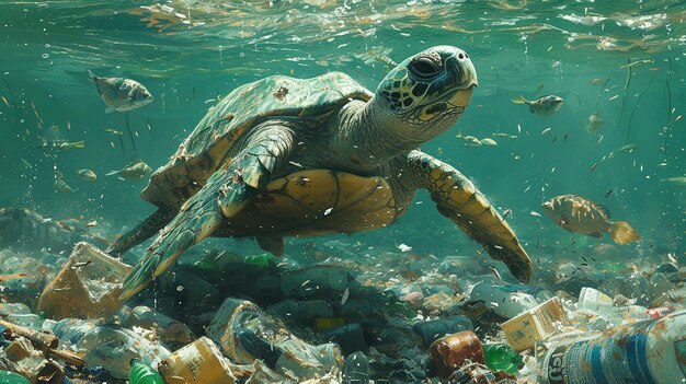 Umweltthema Schildkröte im schmutzigen Wasser des Ozeans