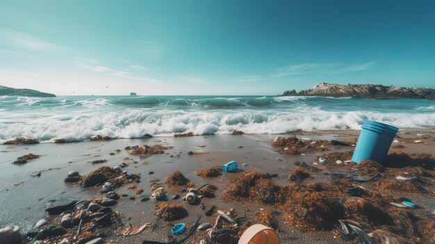 Foto umweltverschmutzung am strand durch plastik und müll