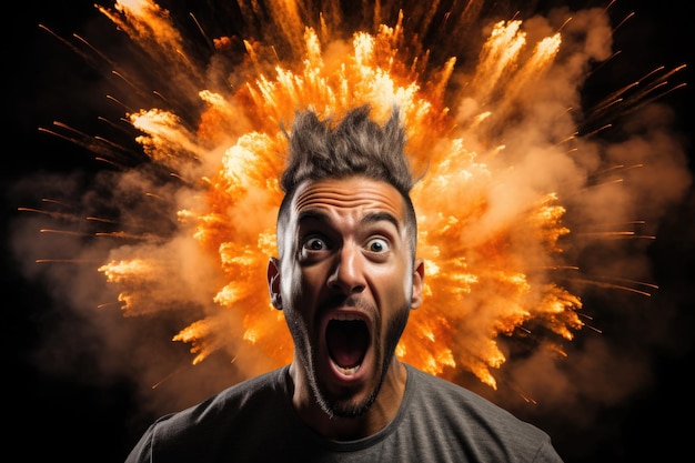 Umwerfend Schockierter Mann mit Explosion auf dem Kopf isoliert auf schwarzem Hintergrund