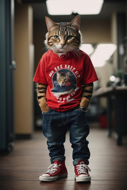 Foto un_buen_hacker_gato_usando_camiseta_y_jeans_y_chucks_rojos