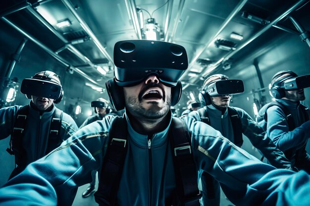 Foto un groupe d'astronautes en action avec des casques de ralit virtuelle et des manettes de vr