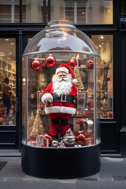 Un pre noel avec un dans sa hotte sur grimpe sur la vitrine d'une agence immobilière