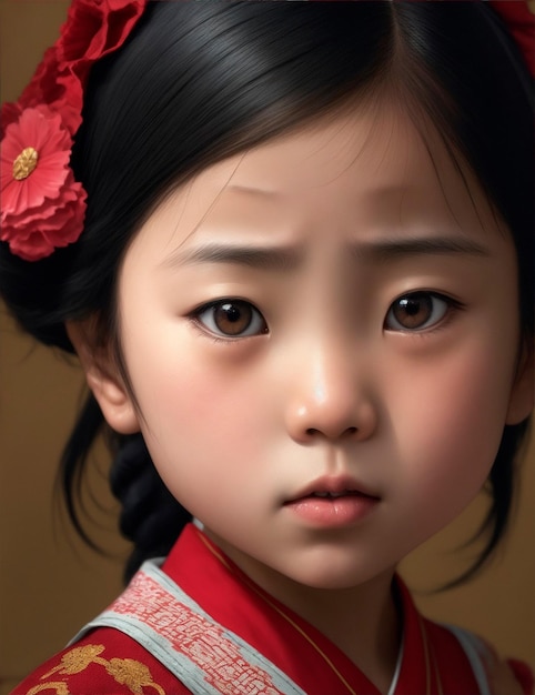 Un rostro de nina asiática super expressivo que transmite nostalgia que transmite carino