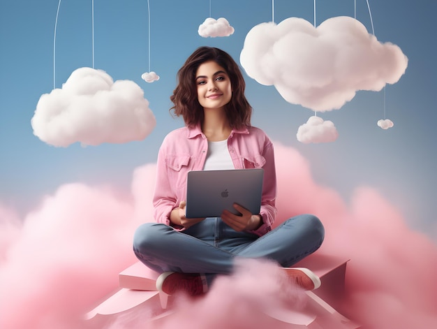 una_mujer_sentada_en_la_cima_de_las_nubes_mostrando_la_palabra_con una laptop