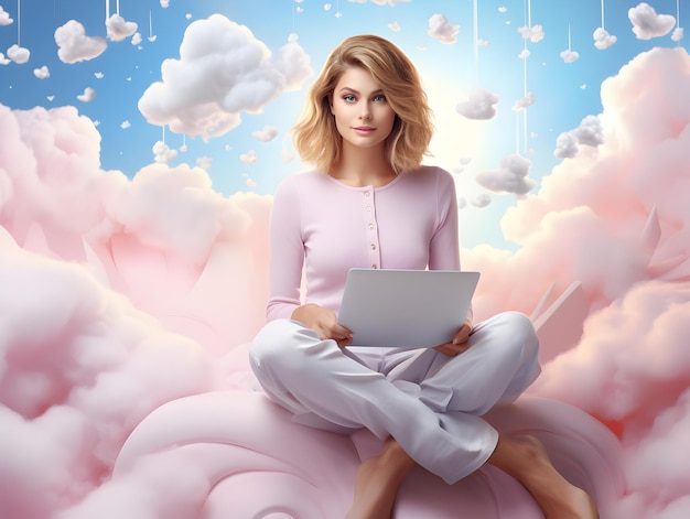 una_mujer_sentada_en_la_cima_de_las_nubes_mostrando_la_palabra_con una laptop
