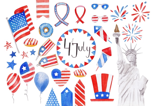 Unabhängigkeitstag der festlichen Aquarellelemente der Vereinigten Staaten von Amerika, die mit verschiedenen Feiertagssymbolen lokalisiert auf weißem Hintergrund eingestellt werden