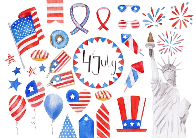 Unabhängigkeitstag der Vereinigten Staaten von Amerika feierliche Aquarellelemente mit verschiedenen Feiertagssymbolen, die auf weißem Hintergrund isoliert sind