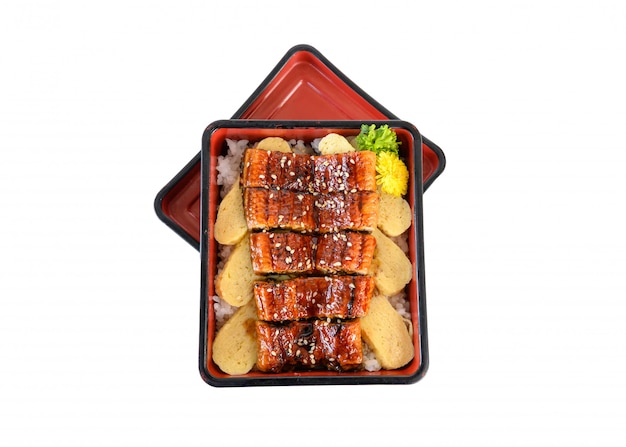 Unagi don ou japonês ell grelhado com molho kabayaki e tamago no bento