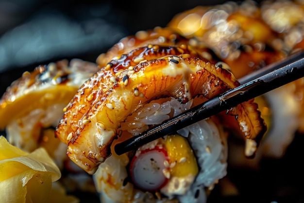 Foto unagi tempura uramaki sushi-rollen mit reiscreme, käse, aal, gurke und nori heiße knusprige maki-rolle auf schwarz