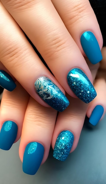 Uñas azules con un poco de brillo en la parte inferior.