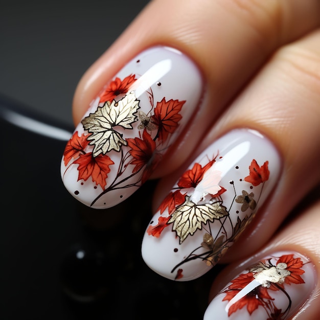 Las uñas de una mujer con una hoja roja.