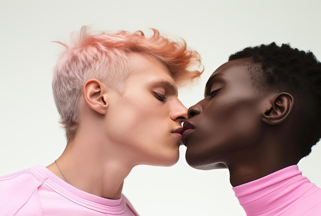 Foto unbekannte freunde küssen sich auf weißem hintergrund im stil des kühnen farbens
