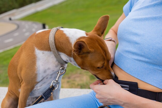 Unbekannte kaukasische Frau, die sich um ihre Hundehände eines weiblichen Mädchens kümmert, das ein Feuchttuch zum Reinigen des...