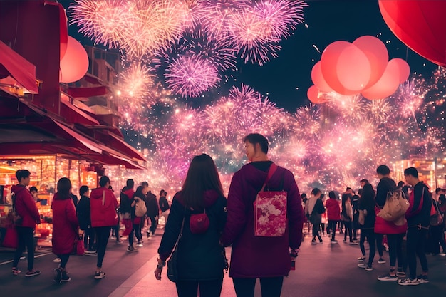 Foto unbekannte menschen gehen während der chinesischen neujahrsfeier auf der straße