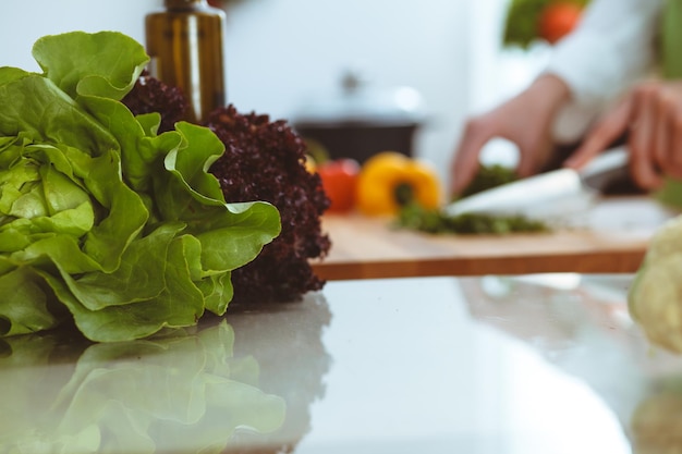 Unbekannte menschliche Hände kochen in der Küche. Frau ist mit Gemüsesalat beschäftigt. Gesunde Mahlzeit und vegetarisches Lebensmittelkonzept.