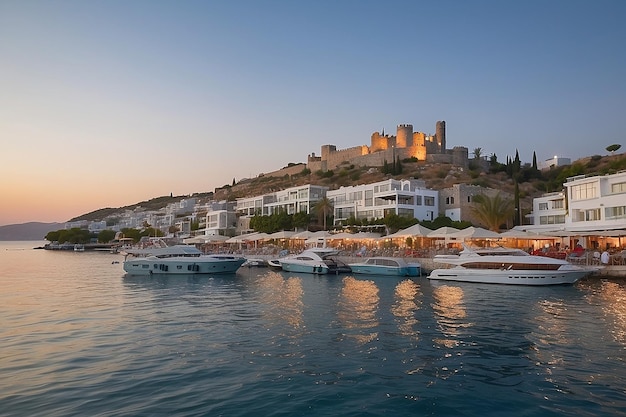 Unbekannte Personen genießen im Strandcafé und am Sonnenuntergang einen Blick auf Bodrum Marine mit Yachten und St. Peter Castle oder Bodrum Castle View in Bodrum, Türkei, 23. August 2017