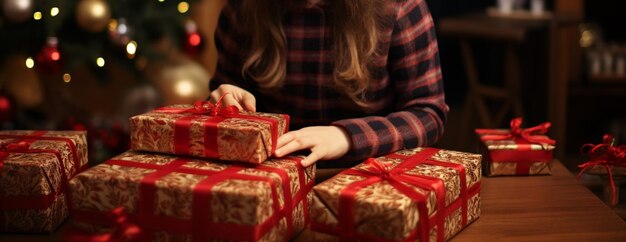 Unbekanntes Individuum verpackt Weihnachtsgeschenke in charmantes Handwerkspapier für Weihnachten