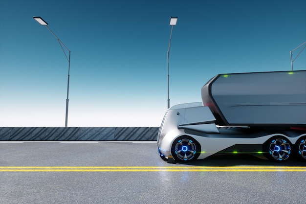 Unbemannter autonomer Frachttransport Ein autonomer elektrischer selbstfahrender Lkw bewegt sich entlang der Straße Schneller Frachttransport ohne Fahrer 3D-Rendering 3D-Darstellung