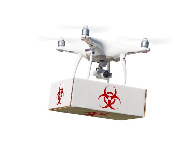 Unbemanntes Flugzeugsystem UAV Quadcopter Drohne mit Paket mit Biohazard-Symbol-Etikett auf Weiß