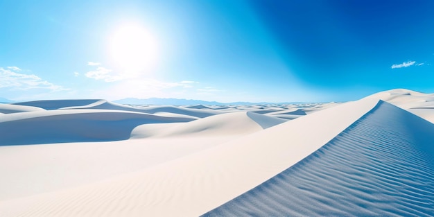 Unberührte weiße Sanddünen, die sich gegen einen klaren blauen Himmel erstrecken und ein Gefühl von Ruhe und Einsamkeit hervorrufen