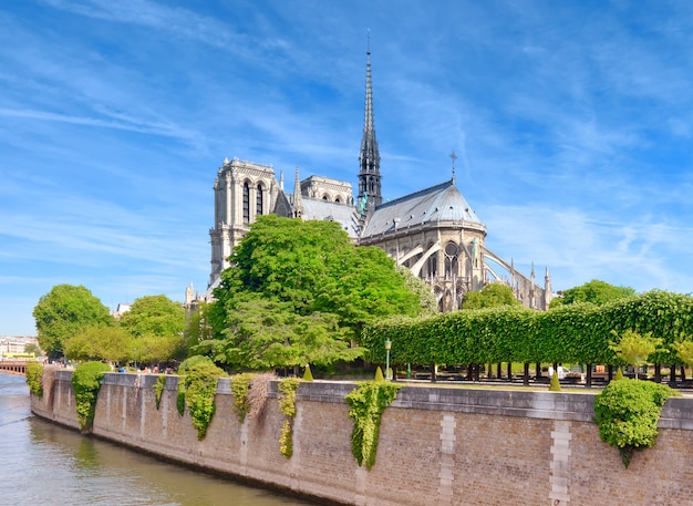 Unbeschädigte Ostfassade von Notre Dame de Paris im Frühjahr vor dem Feuer