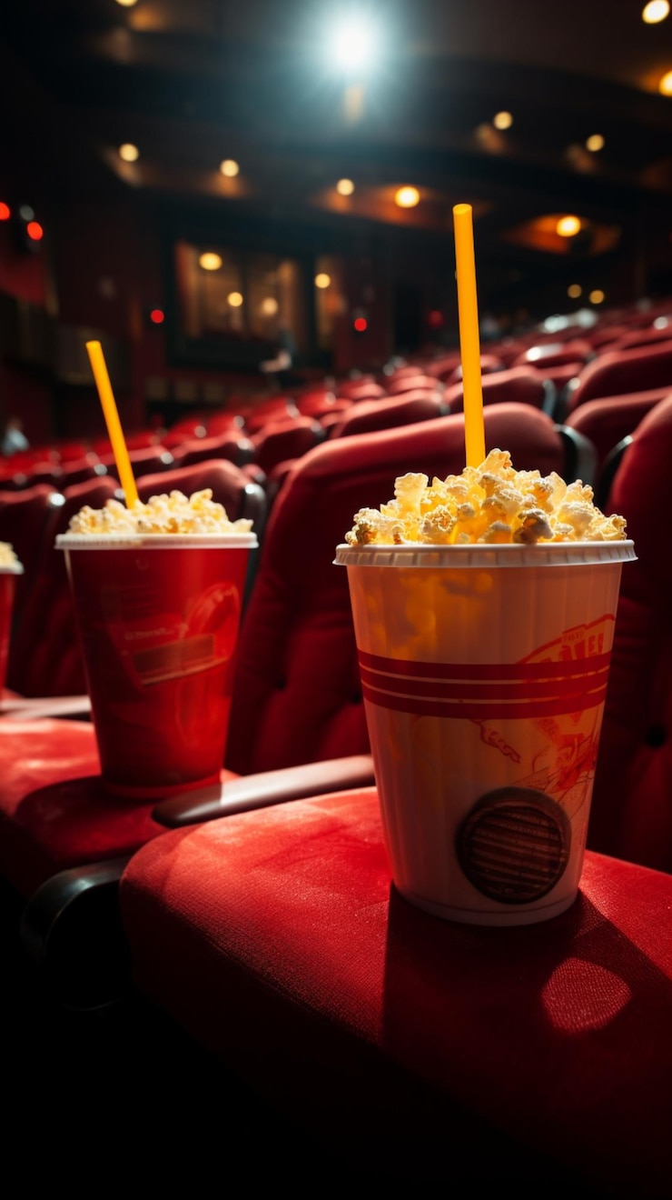 Foto unbesetzte rote sitze, popcorn und getränke verstreut über den vertikalen mobilen hintergrund des theaterbodens