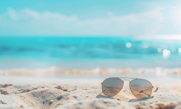 Unbetiteltes Design Sonnenbrille am Strand mit türkisfarbenem Meereshintergrund