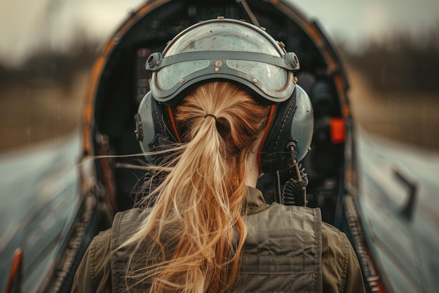 und eine schöne junge Blondine, verkleidet als russischer Flugpilot, Rücksicht auf den Helm