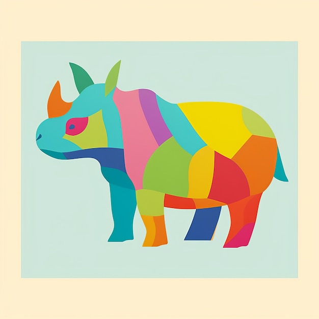 Und farbenfrohe Rhino-Kunst, geometrische und geschnitzte Tierfiguren.