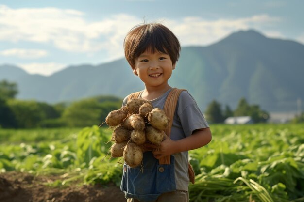 und grün realistisches Foto Mein Sohn erntet Kartoffeln auf dem Feld photorealistisch Er ist