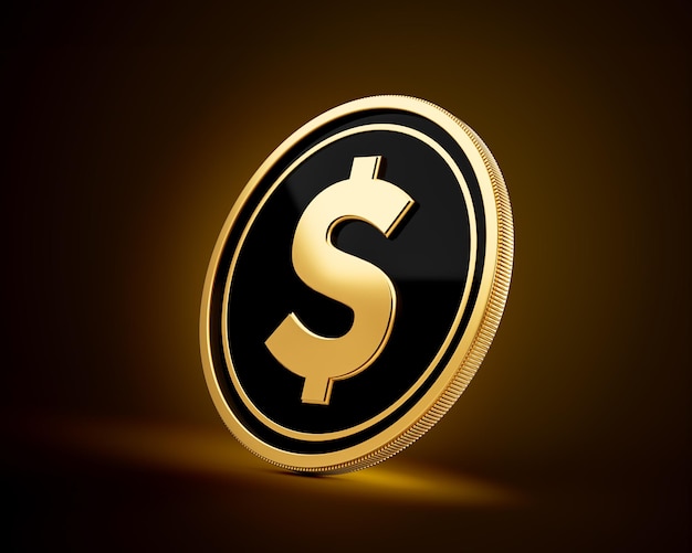 Und schwarz abgerundete goldene US-Dollar-Münze auf glänzendem goldenem Hintergrund 3D-Illustration