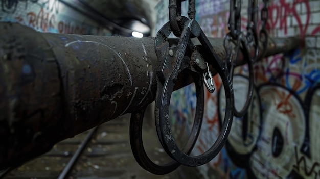 Underground Crime Scene ein Paar Handschellen mit Graffiti an den Wänden