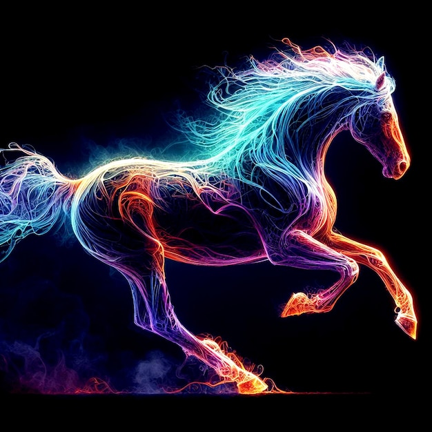 undurchsichtiges laufendes Pferd mit diffusem, farbenfrohem Fotogramm