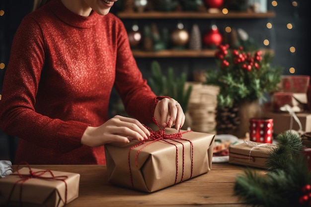 Unerkennbare Frau verpackt und dekoriert Weihnachtsgeschenk