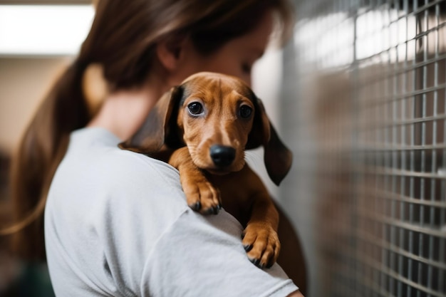 Unerkennbare Freiwillige Frau trägt und umarmt Dackelhund im Tierheim