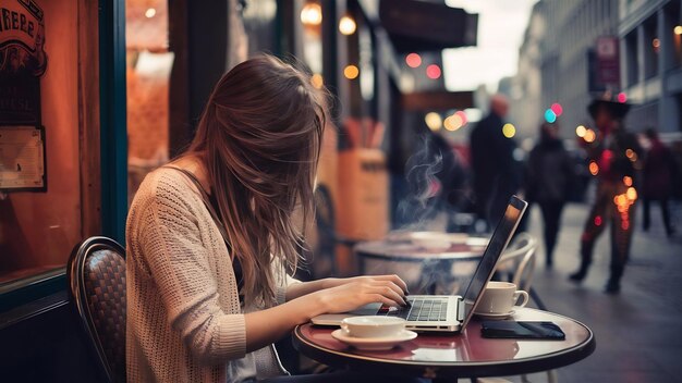 Unerkennbare junge Frau sitzt am Tisch im Café und arbeitet am Laptop